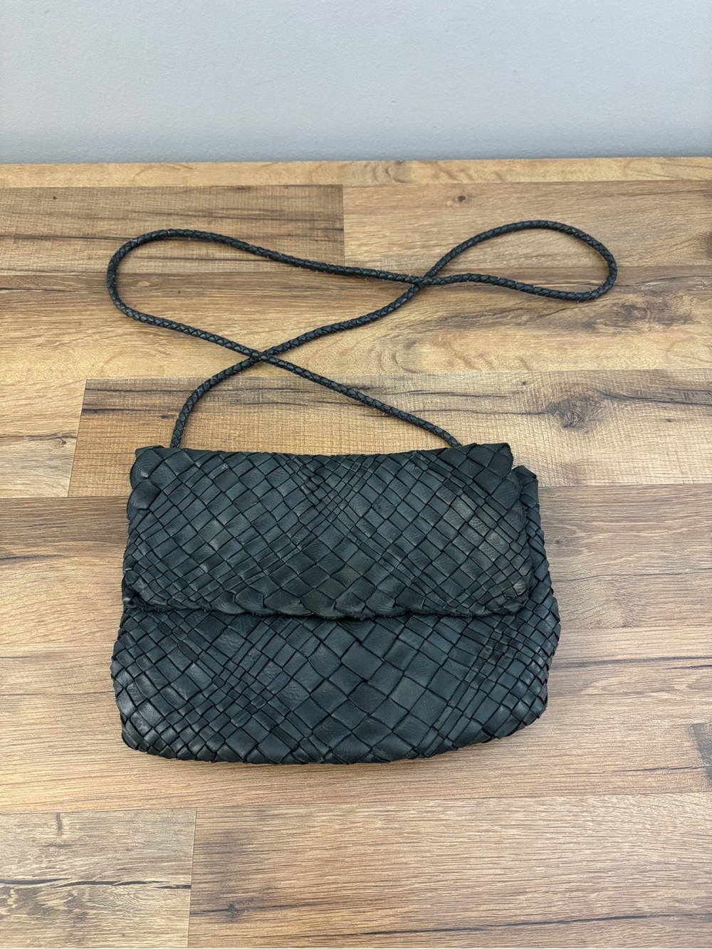 House 2401 Woven Leather Crossbody Purse Bag Dark Green Made in Italy